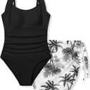 Girls Swimsuit Halter Neck One Piece Bathing Suit with Tropical Printed Cover Up Skirt Girls' Swimwear Set 7-18Y (11-12 Years, Black)
