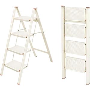 Valeo 4 Step Ladder,Lightweight Folding Step Stool with Wide Anti-Slip Pedal, 330LBS Capacity, Heavy Duty,Sturdy Iron Metal Step Stool for Home, Kitchen, Closet, Adults, Cream White