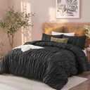 Bedbay Black Ruched Comforter Set King Size,100% Cotton Boho Bedding Set,Black Cinched Fluffy Comforter for Bedroom,3 Pcs Vintage Ruffle Bedding Aesthetic Room Decor for All Seasons