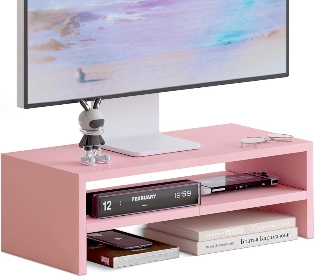 TEAMIX 2 Tiers Pink Monitor Stand Riser, Desktop Stand with Keyboard Storage Small TV Stand Laptop Wooden Desk Organizer Cute Shelf (Pink, 2 Tiers)