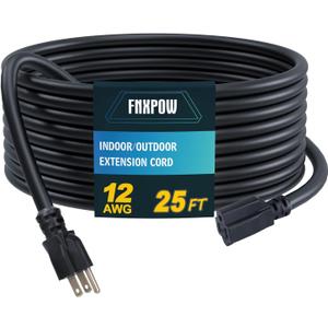 Indoor Outdoor Extension Cord, 12 Gauge 3 Prong Weatherproof Heavy Duty Black Extension Cords, 12/3 SJTW 15A 25 FT Extension Cable for Garage, Garden and Home, UL Listed