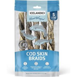 Icelandic+ Cod Skin Braids - 5 Pack - Dog Treat Chews, 5.5-7" Sticks, Single Ingredient, Air-Dried, Hand-Wrapped Wild-Caught Fish, Omega-3 Pet Snack (EXP 10/03/27)