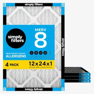 Simply 12x24x1 Air Filter, Merv 8, MPR 600, 4 Pack, Furnace Air Filter for HVAC (Actual Size: 11.75"x23.75"x0.75") DUST, Pet, & Allergy Control