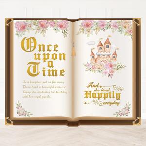 Once Upon a Time Birthday Decoration Princess Party Backdrop 7X5ft Pink Floral & Gold Castle Fairytale Birthday Banner for Girls' 1st Birthday, Baby Shower Photo Booth Background Cake Table Decor (6X5ft)