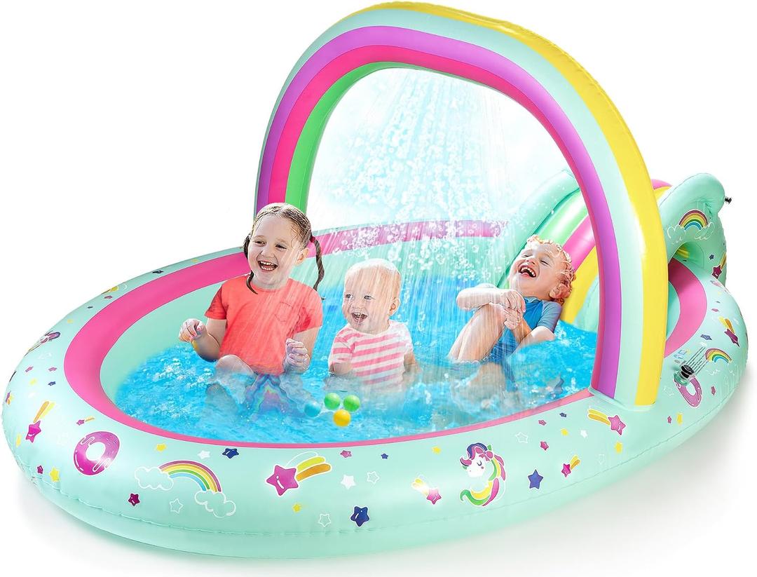 SULIFEEL Rainbow Unicorn Inflatable Play Center Kiddie Pool with Slide and Sprinkler for Children, 96''x59''x39''in Baby Pool for Backyard and Garden