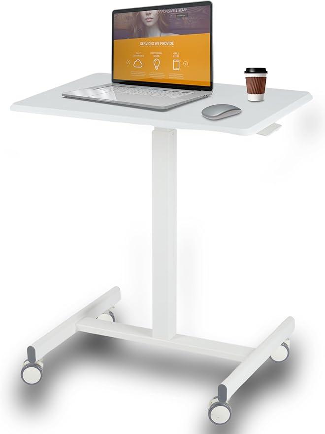 Mobile Laptop Standing Desk- Overbed Table, Adjustable Height Desk Stand Up Desk Small Rolling Sit Stand Desk, Teacher Podium with Wheels, White