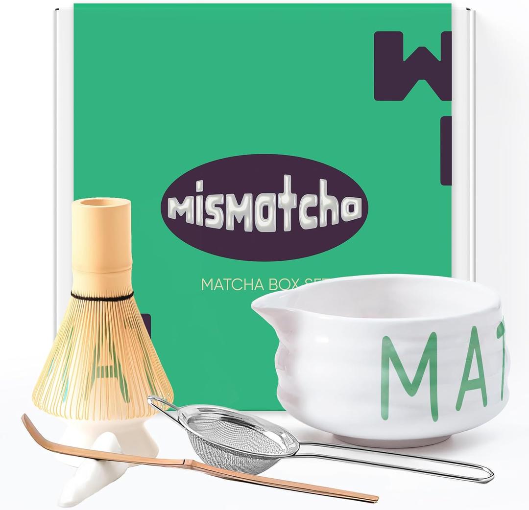 Matcha Whisk Set with 'matcha' Design - 6 Piece Ceramic Matcha Set with a Bowl, Whisk, Stand, Spoon and Sifter - Designed in the UK - Gift Set