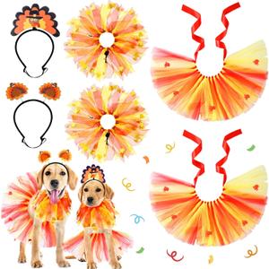 Riceshoot 6 Pcs Thanksgivings Dog Costume Set Include 2 Thanksgiving Dog Tutu 2 Turkey Headband 2 Elastic Turkey Puppy Collar PET Outfit Clothes for Medium Large Pet
