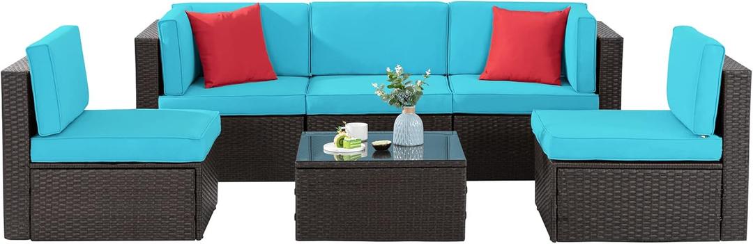 Shintenchi 6 Pieces Patio Furniture Sets Outdoor All-Weather Sectional Patio Sofa Set PE Rattan Manual Weaving Wicker Patio Conversation Set with Glass Table & Ottoman Cushion and Red Pillows, Blue