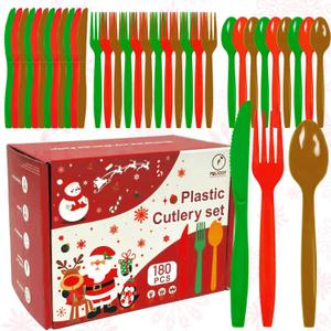 180 PCS Christmas Plastic Silverware Set Red/Green/Gold Disposable Utensils Heavy Duty Cutlery Disposable Utensils 60 of each Forks, Knives, Spoons for Party Decoration Supplies