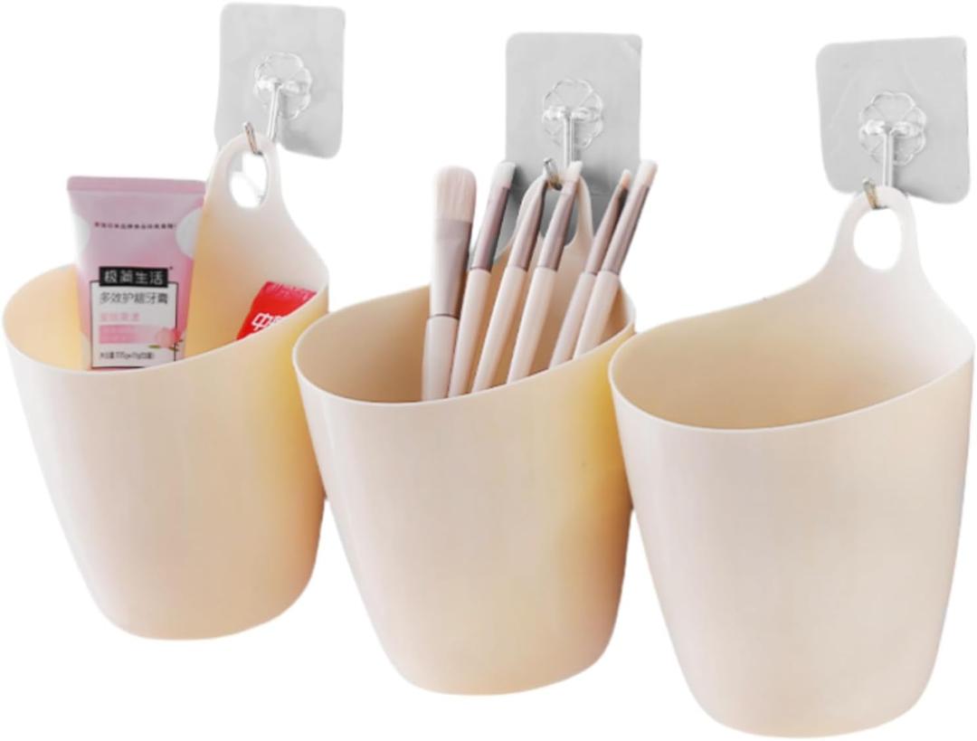 3 Pack Wall Toothbrush Holder for Bathroom Shower Organizer Hanging Cup Holder for Tooth Brush,Electric Toothbrush,Toothpaste,Razor,Makeup Brush,Pen,Adhesive Bucket Wall Organizer (Apricot Color)
