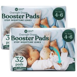Naturally Nature Overnight Diaper Booster Pads, Stops Overnight from Leaking, Diaper Liners for Toddler, Nighttime Diapers Size 5, Adhesive Pad for Girls, Boys, (2 Packs of 32 ct.)