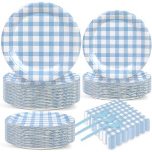 200 Pcs Blue Plaid Tableware Set Blue And White Checkered Birthday Party Supplies Disposable Plaid Paper Plates Napkins Dinnerware Set Girls Barbecue Picnic BBQ Birthday Decoration Serve 50 Guest