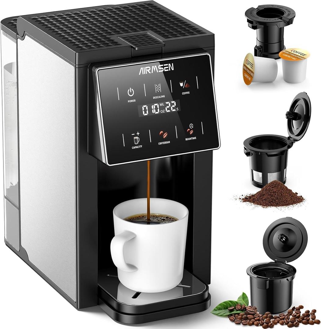 AIRMSEN Grind & Brew Coffee Maker with Built-in Grinder - Single-Serve, Compatible with K-Cup Pods & Ground, 1000W Fast 6-14oz Brewer, Descaling Alert, Touchscreen & 50oz Removable Tank