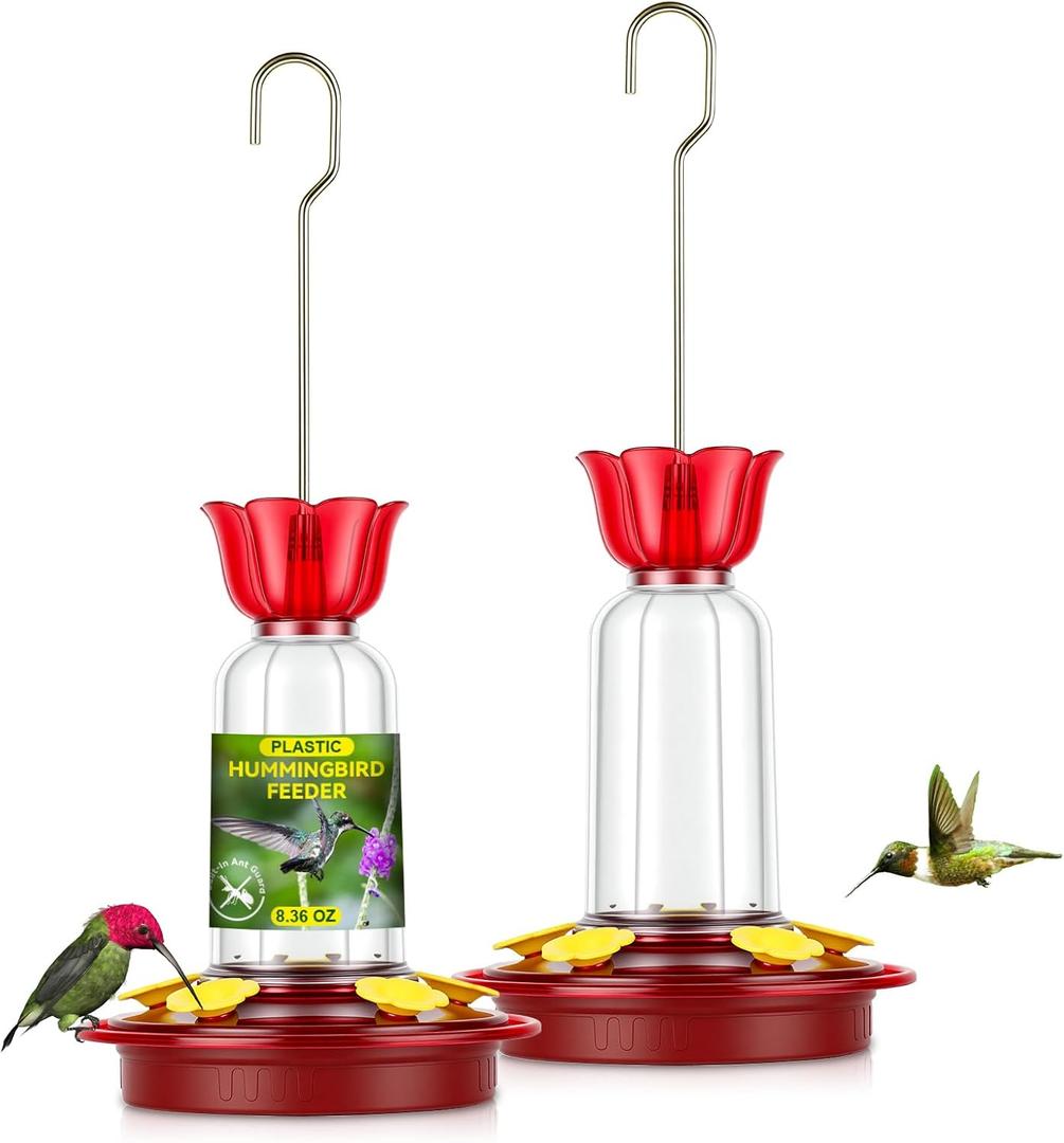 Hummingbird Feeder for Outdoors Hanging, 8.3OZ Plastic Humming Bird Feeders with 5 Bee Guard Feeding Ports & Built-in Ant Moat,Hummingbird Gifts for Mom Bird Feeder for Outside,Garden Dcor,2 Pack