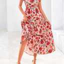 PRETTYGARDEN Women's 2025 Summer Floral Midi Dress Cap Sleeve V Neck Ruffle Long Flowy Boho Casual Beach Vacation Dresses (Medium, Floral Orange Pink Red)