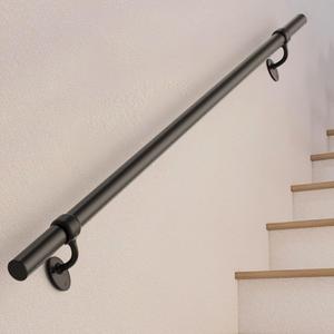 Stair Railing Indoor 5 Feet Hand Rails for Indoor/Outdoor Steps 1.5" Round Porch Railing Wall Mount Aluminum Hand Rails for Indoor Stairs Industrial Staircase Handrails (Black)