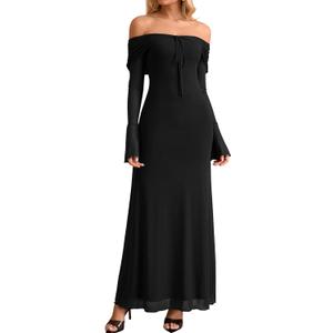 KUTUMAI Elegant Off Shoulder Long Sleeve Maxi Dress Bodycon Tie Formal Wedding Guest Dresses for Women 2025 Fall (XL, Black)