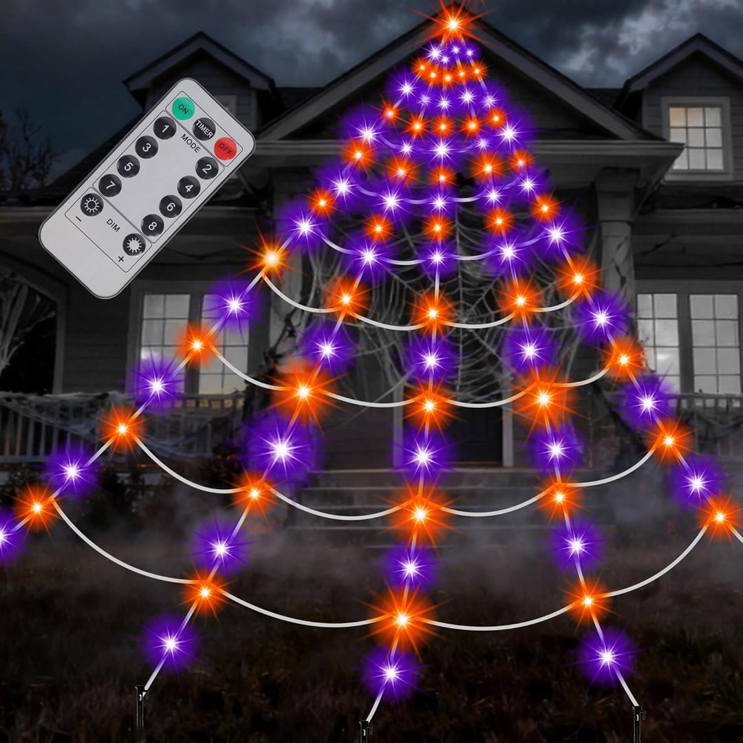 Joliyoou Halloween Decorations Outdoor, 200 LED Giant Spider Web Lights, 19.7ft x 16.4ft Spiderweb with Orange and Purple Lights, 8 Modes Remote Controlled Cobweb for Spooky Party Decor