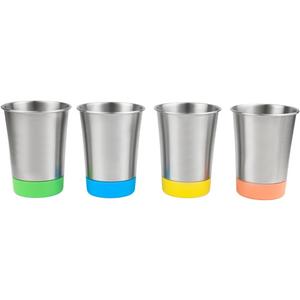 Elk and Friends Stainless Steel Kids + Toddler Drinking Cups | 12oz Tumblers with Colored Base | Durable + Stackable | Travel, Camping + Outdoors | Dishwasher Safe | 4 Pack (Green/Orange/Blue/Yellow)