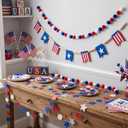 Dingion 4 Pcs 4th of July Garland for Mantle 40ft Patriotic Garland 250th Anniversary Decoration Wood Bead Independence Day Pom Pom American Flag White Red Blue Banner for Fireplace Indoors