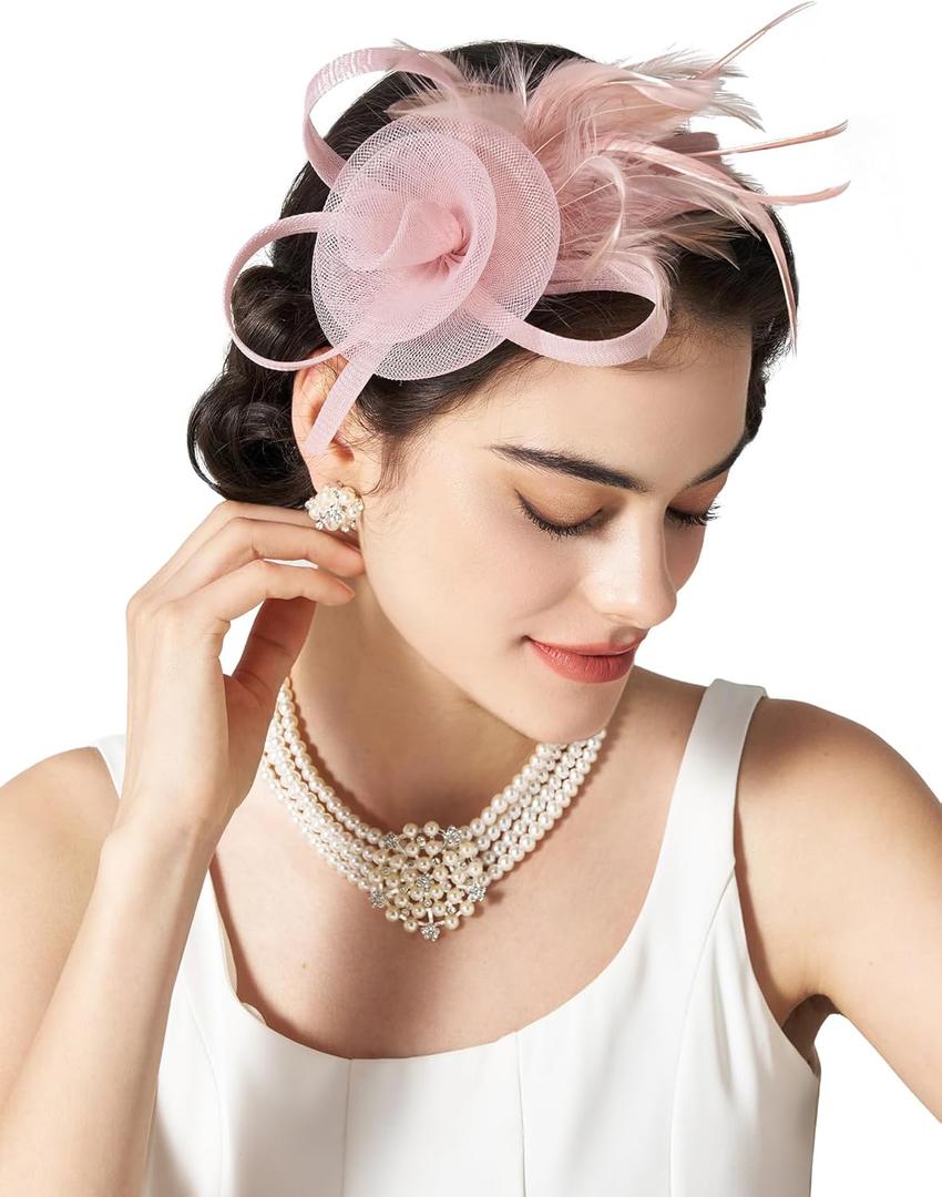 SWEETV Tulle Fascinators for Women, Tea Party Hats for Kentucky Fascinators Derby, Cocktail, Wedding, Fancy Dress Party (Pink)