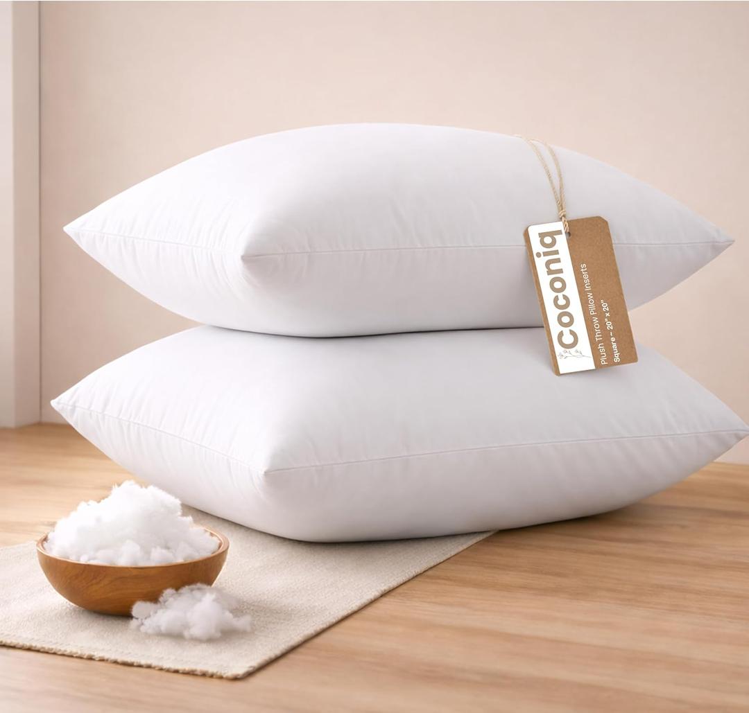 20x20 Throw Pillow Inserts Pack of 2, Premium Polyester Cushion Fillers, Fluffy White Decorative Pillows for Couch, Bed & Chairs