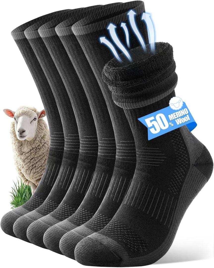Merino Wool Hiking Crew Socks for Men & Women, Thermal Socks,Cushioned Anti-Blister, Breathable 3 Pairs (Medium, Black)