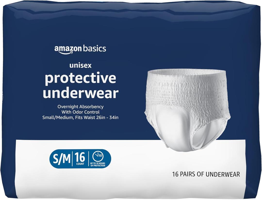 Amazon Basics Unisex Protective Underwear, Overnight Absorbency, Adult Incontinence Underwear with Advanced Odor Protection, Soft, Small/Medium, 16 Count