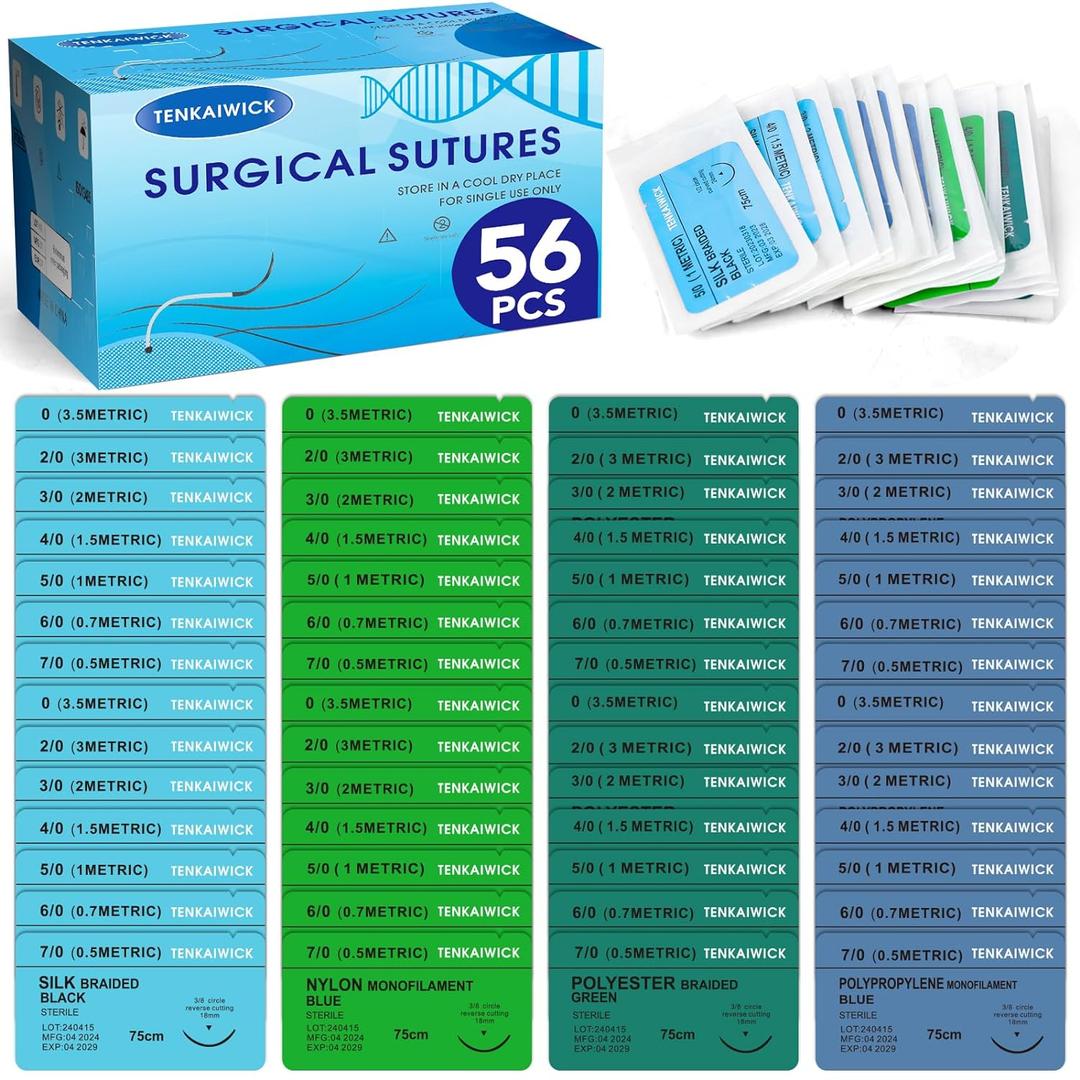 56 Packs Sutures Thread with Needle, Mixed Sutures, Training Threads(0,2/0,3/0,4/0,5/0,6/0,7/0) for Practicing Suturing can be Used for Suture Pads, Fruit peels, 4 Material