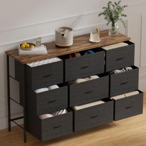 VASICAR Wide TV Stand for Bedroom, Dresser with 9 Deep Drawers, Fabric Storage Cabinet, Modern Chest of Drawers for Closet, Nursery, Living RoomBlack