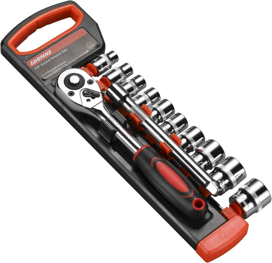 Egofine 12pcs 3/8 Inch Ratchet Socket Wrench Set, Drive Socket Set with 10 Sockets 8-14,17,19,21mm and 2 Way Quick Released Ratchet Handle and Extension Bar
