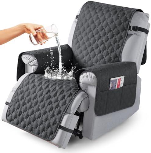 TAOCOCO 100% Waterproof Recliner Covers, Recliner Sofa Covers with Leg Straps, Reversible Recliner Couch Cover for Reclining Chair, Washable Couch Protector for Pets Kids(1 Seater 22", Charcoal Gray)