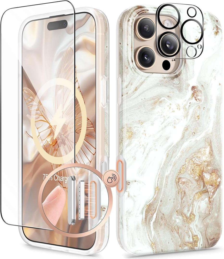 GVIEWIN for iPhone 16 Pro Case Compatible with MagSafe, with Screen & Lens Protectors, Military-Grade Protection Slim Marble Shockproof Magnetic Phone Case for 16 Pro 6.3", Pearlescent/Gold