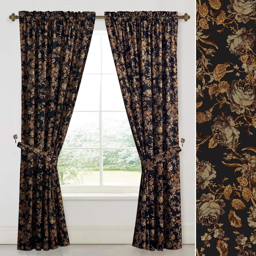 StangH Gold Curtains 90 inches Long Soft Velvet Vintage Print Floral Home Decor Heavy Privacy Thermal Insulated Window Drapes for Living Room/Bedroom/Office, W52 x L90, 2 Panels