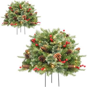 Christmas Planter Filler Tree Outdoor Prelit 2 Pack, 24" Urn Fillers for Porch Planters Pathway Battery Operated Light Red Berry Pine Cone, Xmas Greenery Outside Decorations