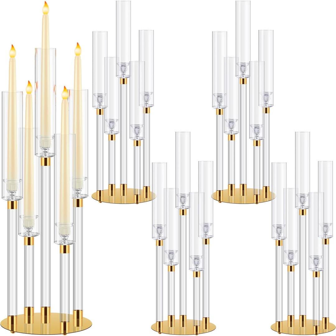 Barydat 4 Pcs Acrylic Candelabra Centerpieces Candle Holder Crystal 5 Arm Candlesticks Holder with Acrylic Shade Pillar Taper Candlestick for Wedding Dinner Party Fit 0.87" LED Candle(Gold,4 Pcs)