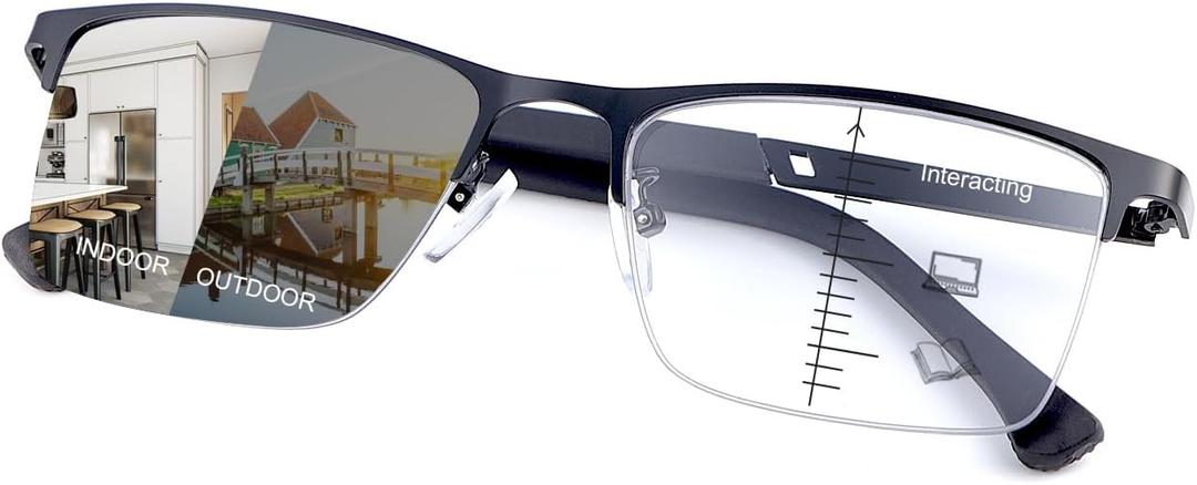 Photochromic Progressive Multifocus Reading Glasses UV Protection Sunglasses Anti Blue Light Transition Sun Readers (Black)