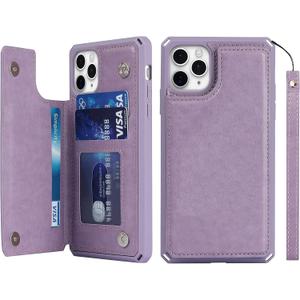 iCoverCase Compatible with iPhone 11 Pro 5.8 Inch Wallet Phone Case with Card Holder for Women, RFID Blocking Embossed PU Leather Wrist Strap Case (Macaron Purple)