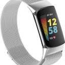 WITHit Mesh Loop Bands Compatible with Fitbit Charge 5 Bands, Metal Adjustable Stainless Steel Wristbands Replacement Straps for Activity Tracker Women Men, Silver, Large