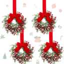 Hoteam 4 Pcs 9 Mini Decor Wreaths Small Cabinet Wreath with Rustic Bow Outdoor Decorations for Porch Window Farmhouse Decor(Bells and Red Berries)