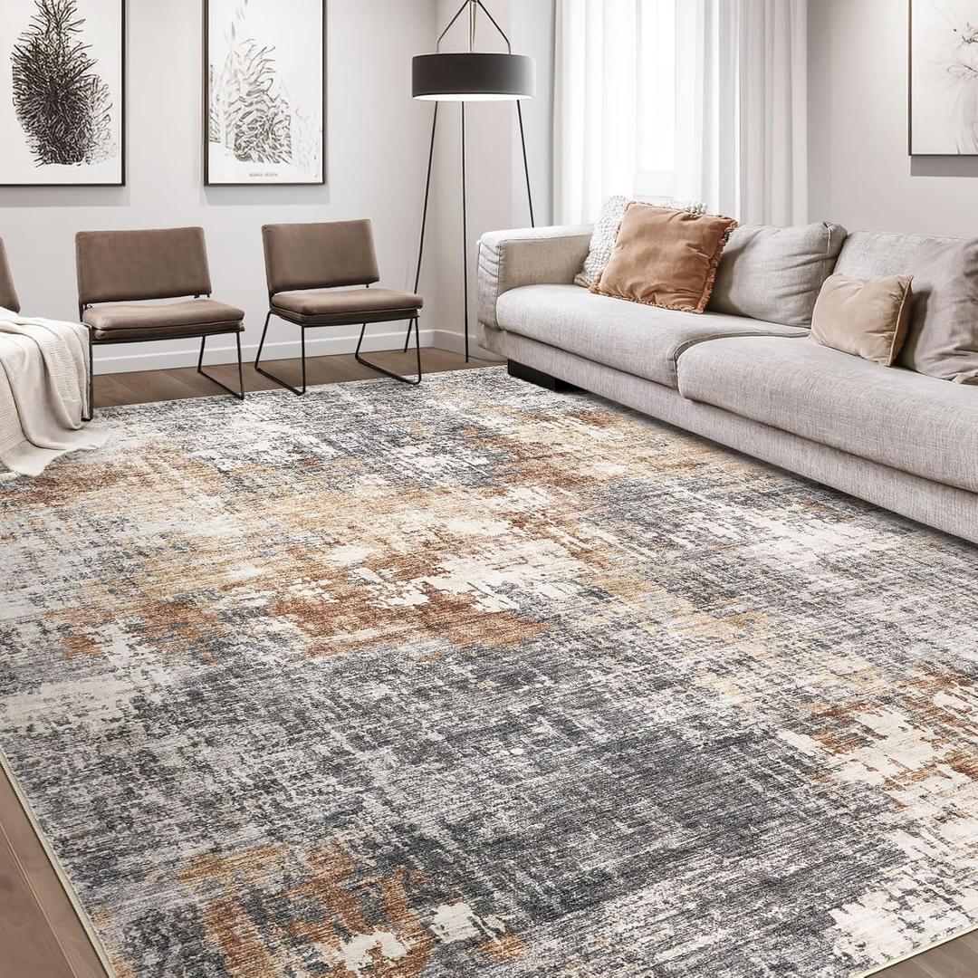 Area Rug Living Room Rugs - 10x13 Washable Large Soft Indoor Neutral Modern Abstract Low Pile Rug Carpet for Bedroom Dining Room Farmhouse Home Office - Grey Brown