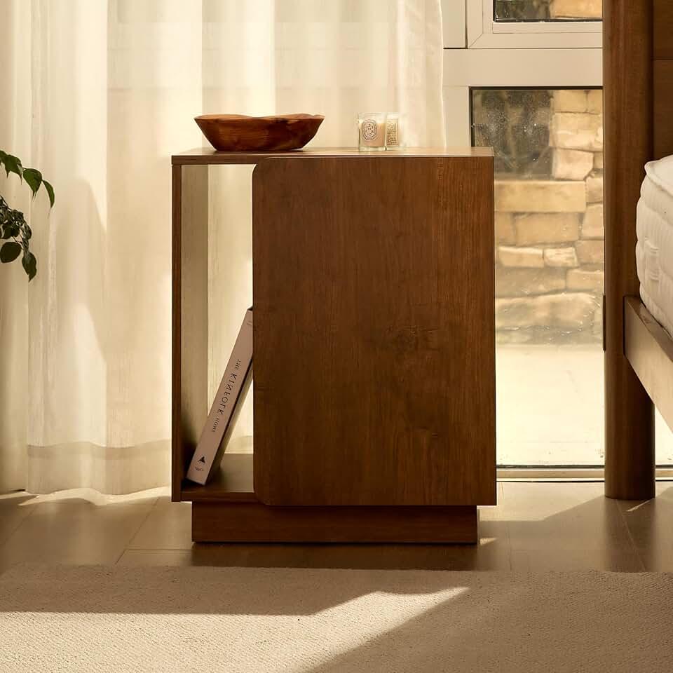 FLEXISPOT Mid-Century Modern Nightstand, Charging Station, Walnut, Right