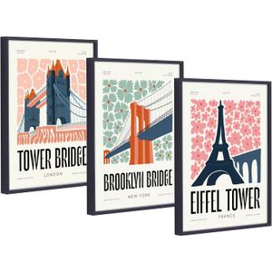 CILFFVI 12"x16" Framed Canvas Prints Set of 3 Travel Posters Featuring Eiffel Tower, Brooklyn Bridge & Tower Bridge Modern Vintage Wall Art for Living Room, Office & Bedroom Decor