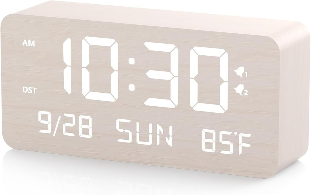 Wooden Digital Alarm Clock for Bedroom - Desk Clock with Date, Day of Week, Temperature, Dual Alarms, Dimmer, USB Port Charge, DST, Adjustable Volume for Living Room/Office Wood Decor (White)