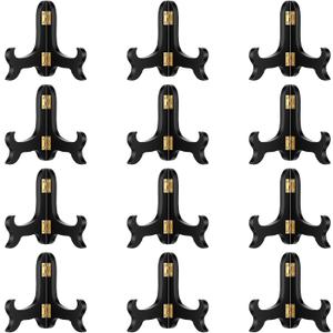 12 Pack 4 Inch Wooden Display Stand, Small Plate Easel Holder for Picture Frames, Artwork, Collectible Plates, Tiles & Dessert Cards, Black Wood Finish with Gold Iron Latch