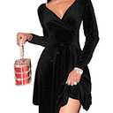 Sexyasasii Velvet Dress Long Sleeve Wrap V Neck Glitter Sparkle Mini Skater Dress Cocktail Party Elegant Dresses for Women Wedding Guest (Black, L)