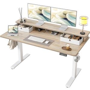 TIQLAB Standing Desk with Two Drawers, Stand Up Standing Desk Adjustable Height, Electric Sit Stand Table with Storage Shelf and Splice Board, 55 * 24 inch, Maple