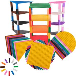 Strictly Briks Compatible with Lego Classic Stackable Baseplates, Building Bricks Set for Towers, Half Circle, Triangle & Square, Rainbow Colors, 36 Base Plates & 60 Stackers, 6x6 Inches No Details