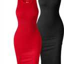 OQQ Women's 2 Piece Dress Sexy Ribbed Halter Neck Fashion Split Tank Tops Dresses Black Red, Large
